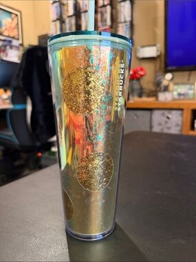 Starbucks Iridescent Green Tumbler with Gold Glitter Dots and Straw